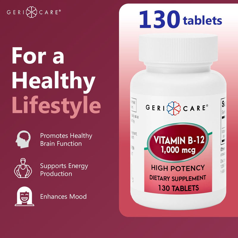 GeriCare Vitamin B-12 1000mcg High Potency Tablets, Premium Dietary Supplement for Boosting Energy, Supporting Brain Health, and Maintaining a Healthy Nervous System 130 Count (Pack of 1) 130 Count (Pack of 1)