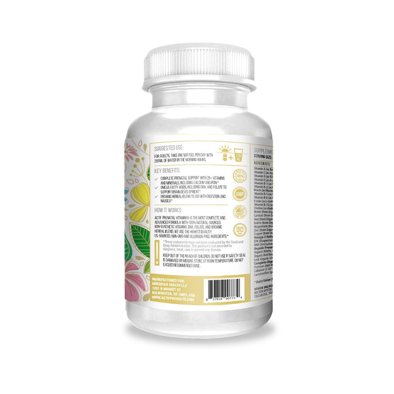 ACTIF Organic Prenatal Vitamin with 30+ Organic Vitamins, 100% Natural, DHA, EPA, Omega 3, and Organic Herbal Blend - Non-GMO, 90 Count, 2024 Formula
