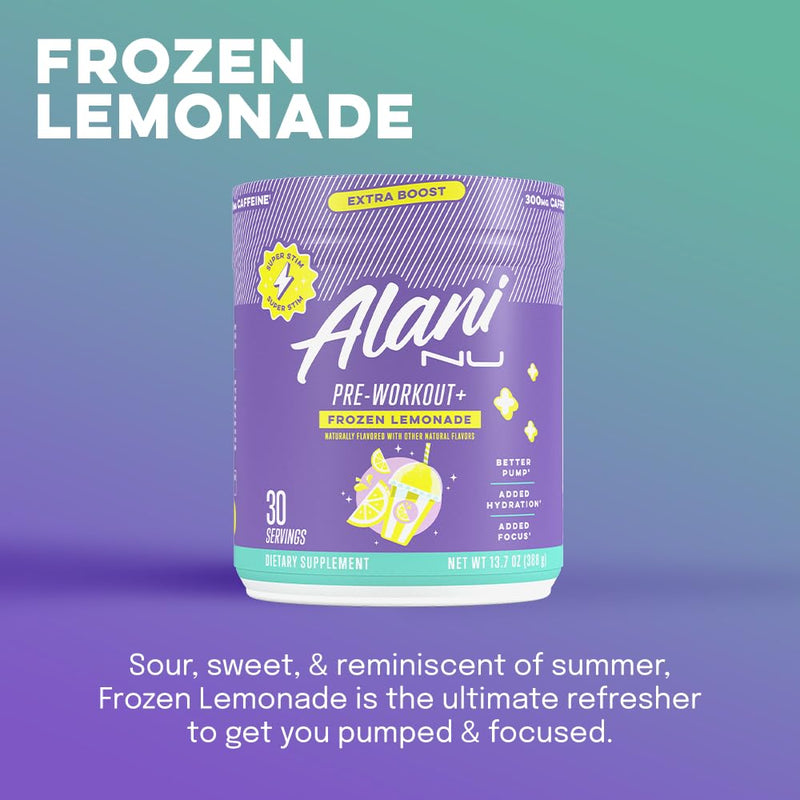 Alani Nu Pre Workout+ Powder Frozen Lemonade, Extra Boost, Sugar Free, 300mg Caffeine, L-Theanine, Beta-Alanine, Citrulline, 30 Servings - BeesActive Australia