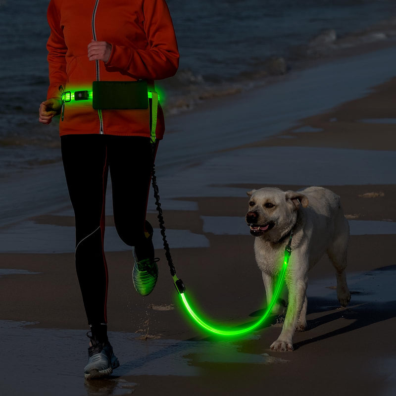 LED Hands Free Dog Leash, Waist Leash for Dog Walking, Retractable Bungee Light Up Dog Leash, LED Handless Dog Running Leash, Reflective Running Leash for Jogging Training Hiking (Green) Green