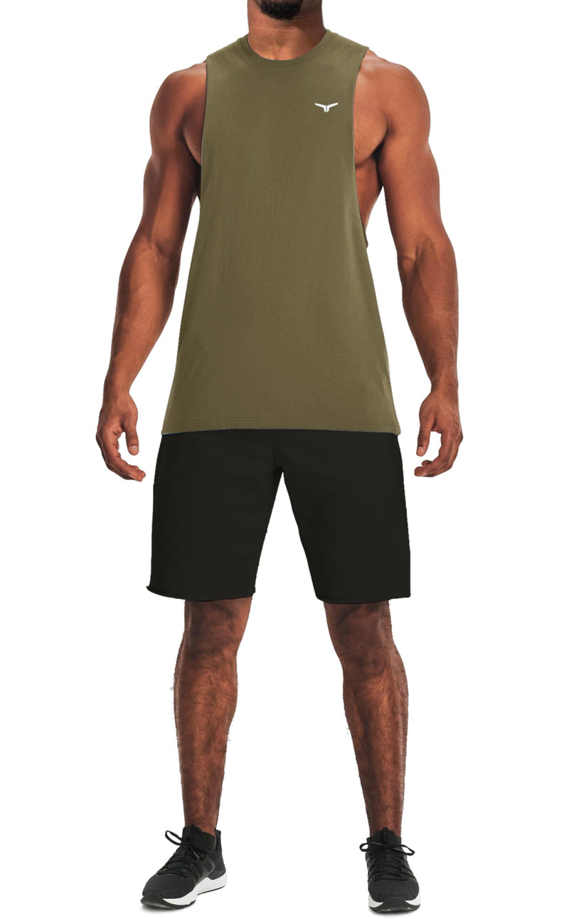 Men's Belief Drop Arm Tank Top Sleeveless Muscle T Shirts Gym Workout Stringers X-Large Army Green-cutoff - BeesActive Australia