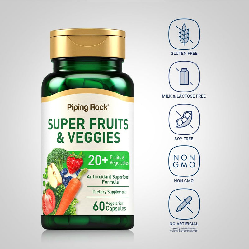 Piping Rock Fruits and Veggies Supplement | 60 Capsules | Superfood Vitamins | with Antioxidant Formula and Prebiotic Blend | Vegan, Non-GMO, Gluten Free 60 Count (Pack of 1)