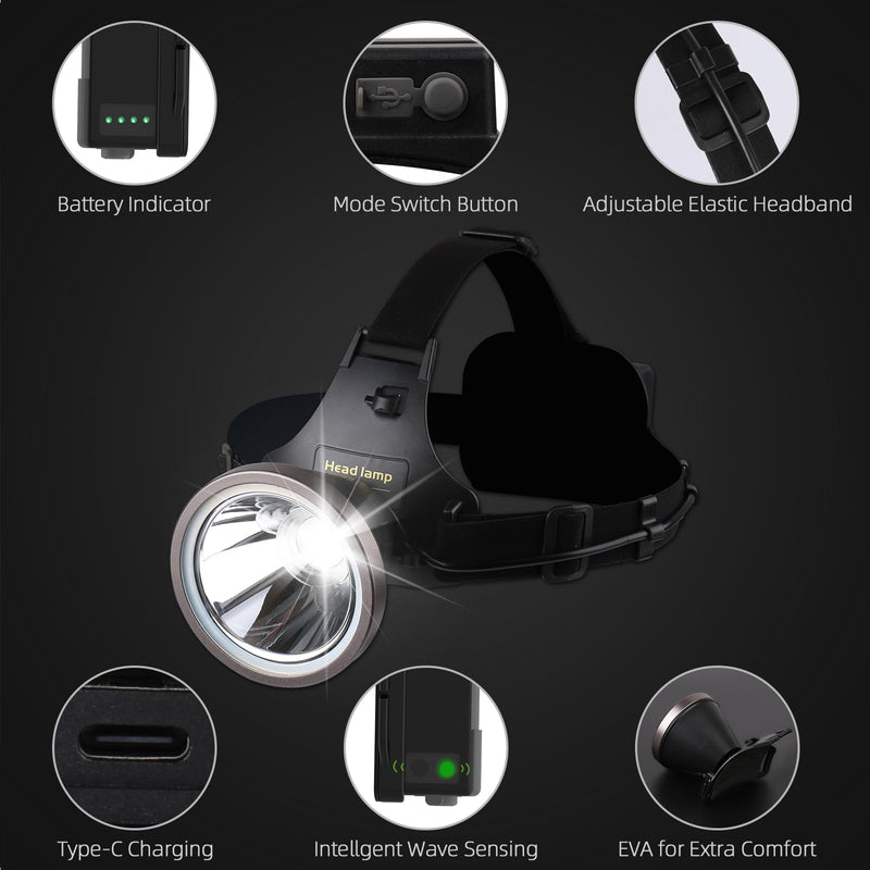 Led Bright Headlamp USB C Rechargeable Head Lamp with Battery Powered for Adult- Adjustable Motion Sensor Headlamps Flashlight Waterproof Searchlight for Hunting,Fishing