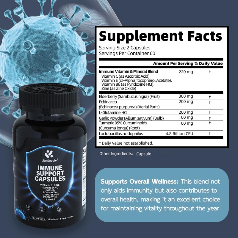 Immune Support Capsules, 10-in-1 Powerful Blend of Vitamin C, E, B6, Zinc, Elderberries, Garlic Bulb, Echinacea, Turmeric Advanced, Immune Defense for Adults