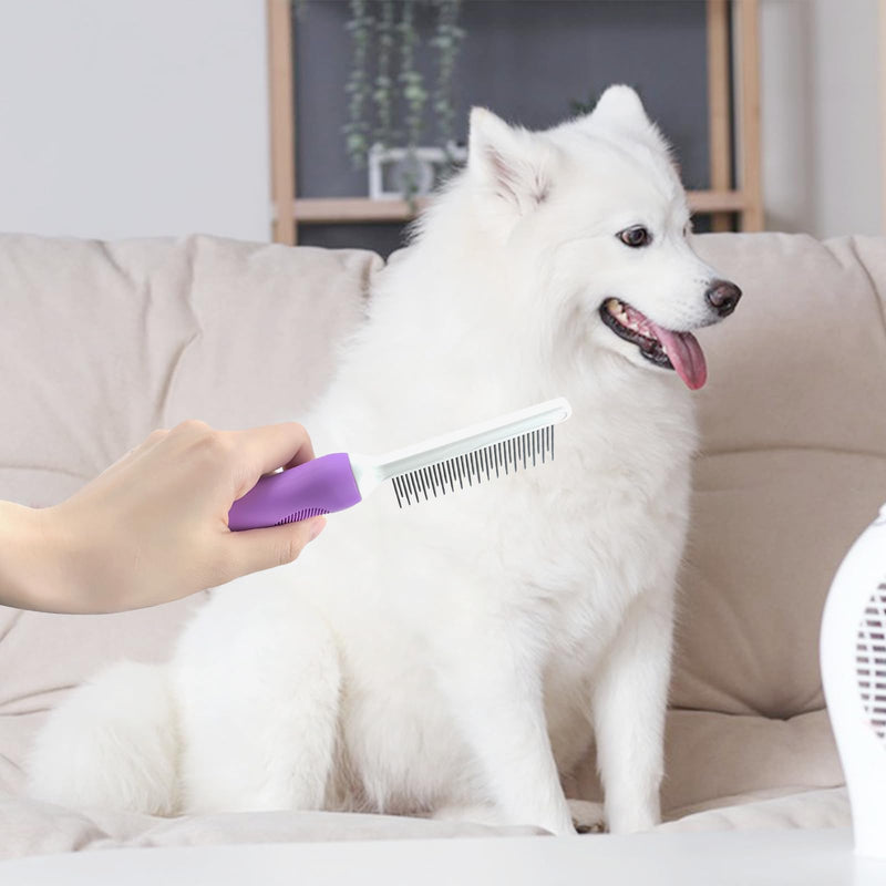 Detangling Pet Comb for Dog & Cat, Grooming Comb with Long & Short Stainless Steel Teeth, Safely Remove Knots & Tangles for Healthy Shiny Coat, Gentle Effective Detangling Tool for Pet Hair (Purple) Purple - BeesActive Australia
