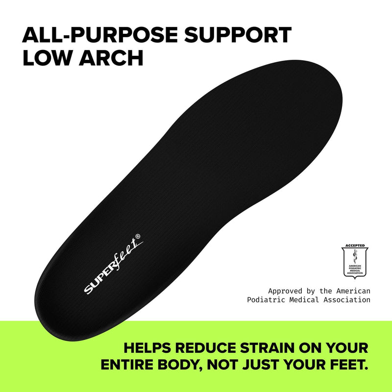 Superfeet All-Purpose Support Low Arch Insoles (Black) for Active Lifestyle with Low Arch Support - 5.5-7 Men / 6.5-8 Women Black