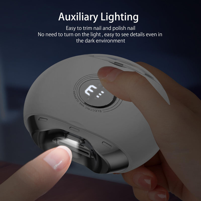 Electric Nail Clipper with LED Light & 3 Speeds, Fingernail Cutter and Polisher and Exfoliating 3 in 1 Nail Scraps Storage Rechargeable Safety Fingernail Trimmer for Baby Seniors and Adult White With Clear