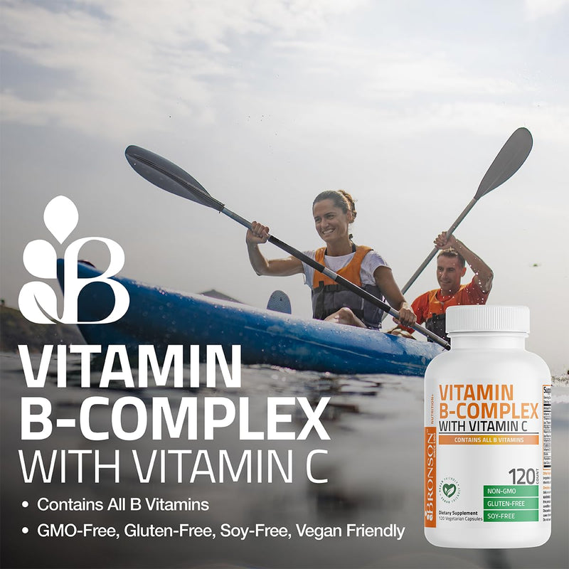 Bronson Vitamin B Complex with Vitamin C Vegetarian Capsules, 120 Count | Immune Health, Energy Support, Nervous System Support, Non-GMO, Soy-Free, Gluten-Free, Contains All B Vitamins Unflavored 120 Count (Pack of 1)