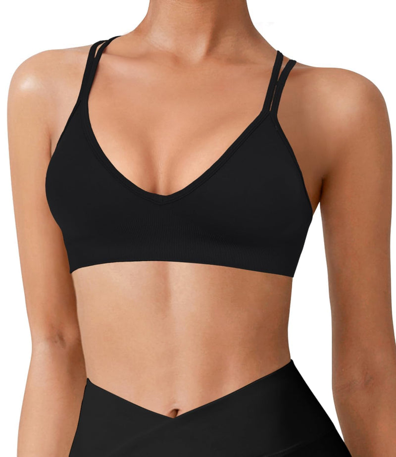 VEQING Seamless V-Neck Women Sports Bras, Padded Cross Back Wireless Low Impact Workout Yoga Bras for Small Chests, 3 Pack X-Large 3pack(black+white+gray)