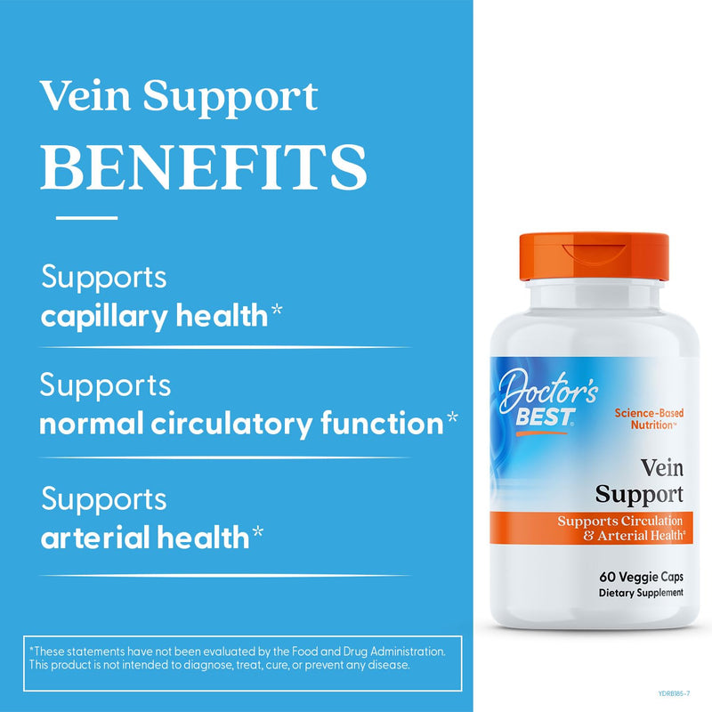 Doctor's Best Vein Support Supplement - Contains Diosmin & Hesperidin, Circulation Support for Legs & Feet, for Men & Women, Formula with Vitamin K2 & Natural Orange Extract, Vegan - 60 Veg Caps 60 Count (Pack of 1)