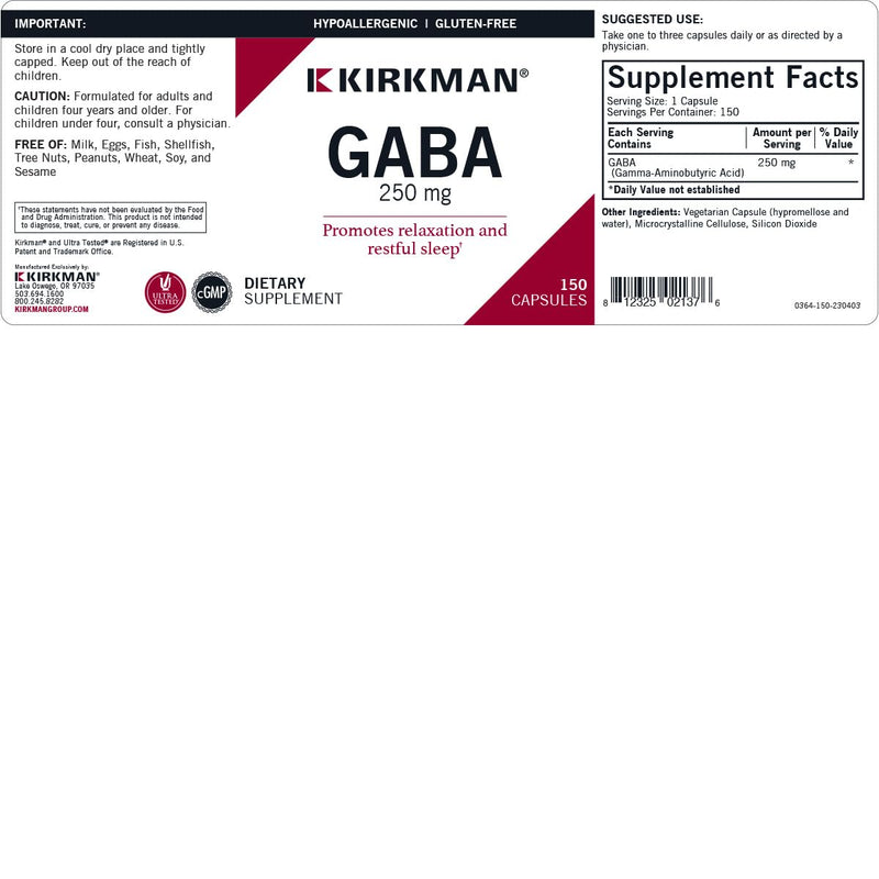Kirkman GABA 250 mg - Hypoallergenic, 150 Capsules
