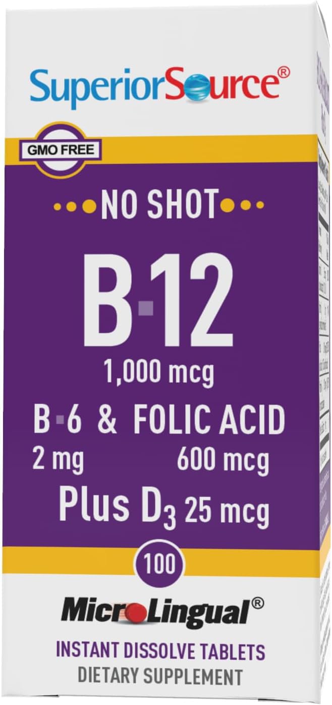 Superior Source No Shot Vitamin B-12 Cyanocobalamin 1000 mcg, B-6, Folic Acid & Vitamin D-3 1000 IU - Supports Energy, Brain, Heart, & Bone Health - 100 Sublingual Dissolving Tablets (Pack of 2) 1 Count (Pack of 2)