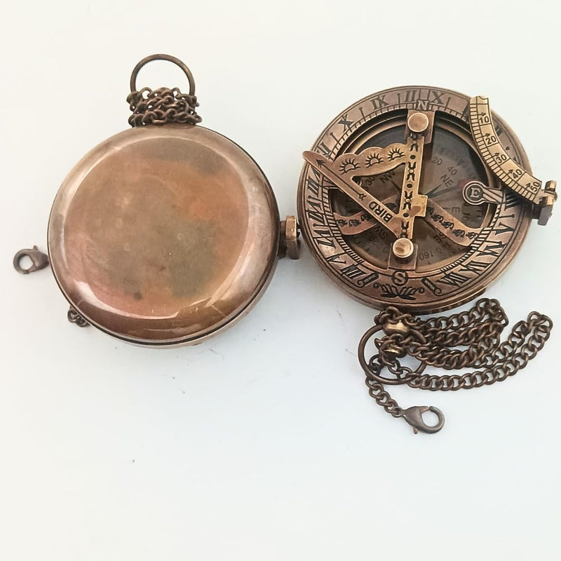 Brass Sundial Compass in Leather Case - Nautical Gifts for Men, Antique Sailing Anniversary Gadget for Him, Unusual Unique Nautical Decor, Naval Maritime Pocket Watch Clock BROWN ANTIQUE COMPASS - BeesActive Australia