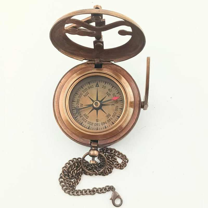 Brass Sundial Compass in Leather Case - Nautical Gifts for Men, Antique Sailing Anniversary Gadget for Him, Unusual Unique Nautical Decor, Naval Maritime Pocket Watch Clock BROWN ANTIQUE COMPASS - BeesActive Australia