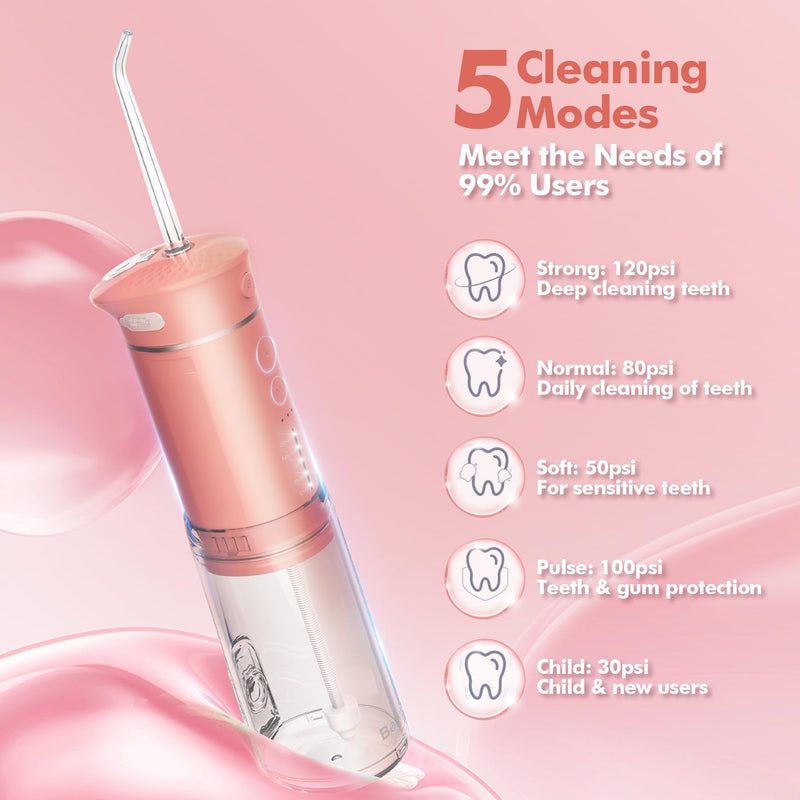 Water Flosser Mini Cordless Portable: 5 Modes Travel Water Dental Floss with Telescopic Water Tank, IPX7 Waterproof Oral Irrigator for Teeth Cleaning Gums,Orthodontic,Braces Dental Care (Peach Fuzz) Peach Fuzz