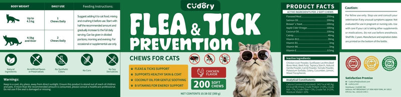 Flea and Tick Chews for Cats - 200 Soft Chews Natural Flea Tick Support for Cat All Breeds & Ages - Nourishes Skin & Coat Health - Energy Support - Chicken Flavor Soft Chew
