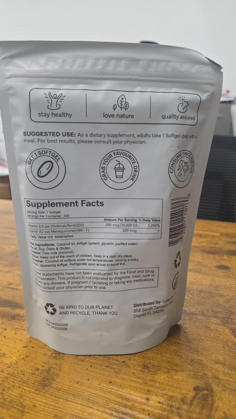 Vitamin D3 + K2 Supplement 10,000 IU & 200 mcg - Infused with Coconut Oil for Max Absorption - Bone & Immune Support - Non-GMO, Gluten Free - 300 Softgels