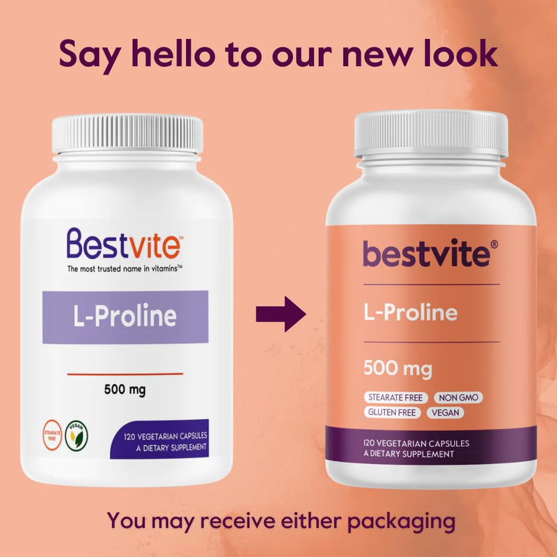 BESTVITE L-Proline 500mg (120 Veg Caps) - No Stearates - No Fillers - Vegan | Gluten Free - Non GMO - Collagen Production & Skin Support* - Amino Acid Supplement 1 Count (Pack of 120)