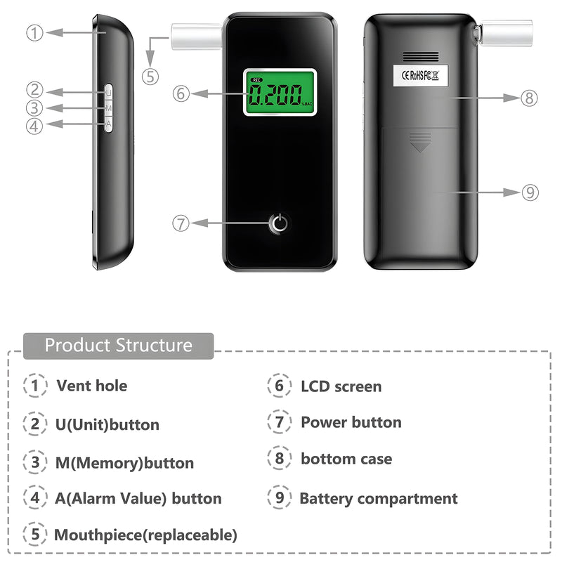 Breathalyzer,Professional-Grade Alcohol Tester with LCD Display,High-Accurate Alcohol Tester with Environment Temperature and Used Records for Home Use (10 Mouthpieces) - BeesActive Australia