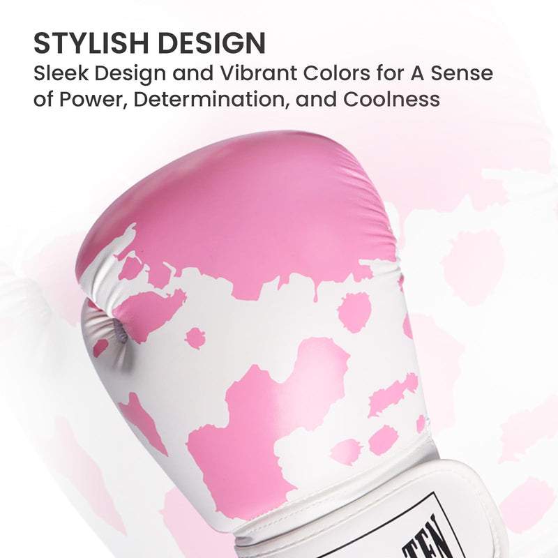 FINGER TEN Boxing Gloves Women Punching Sparring Kickboxing MMA Training Heavy Bag Glove Black Leather 12 oz for Womens (Ivory/Pink, 12 oz)