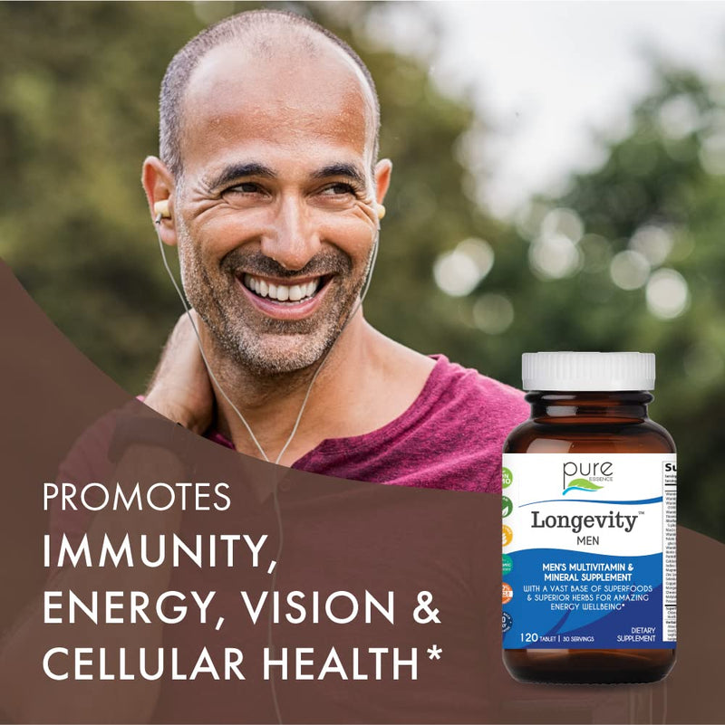 PURE ESSENCE LABS Longevity Multivitamin for Men Over 40 - Super Energetic with Superfoods, Minerals, Enzymes, Vitamin D3, B12, Biotin - 120 Tablets