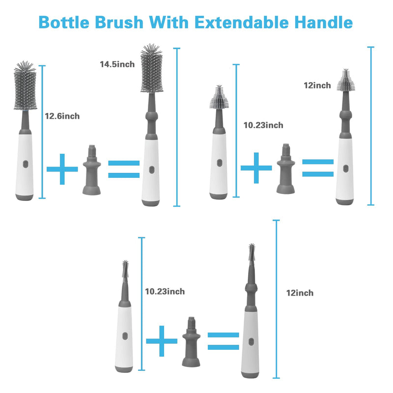 Electric Bottle Brush Cleaner Set, Electric Baby Bottle Brush Cleaner with Rechargeable Electric Bottle Cleaner and Silicone Bottle Brushes and Straw Brush, Automatic Bottle Cleaner Brush (Grey) Gray - BeesActive Australia