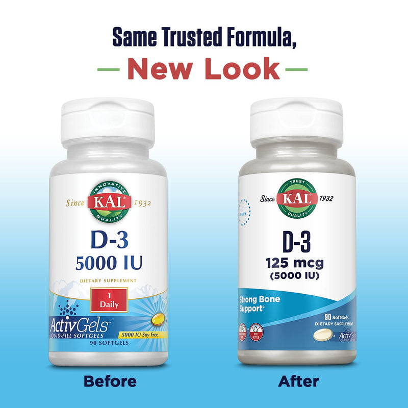 KAL Vitamin D3 5000 IU Softgels (125 mcg), Active Form of Vitamin D, Calcium Absorption, Bone Health, Immune Support Supplement, Liquid Filled ActivGels, Made Without Soy, 90 Servings, 90 Softgels 90 Count (Pack of 1)