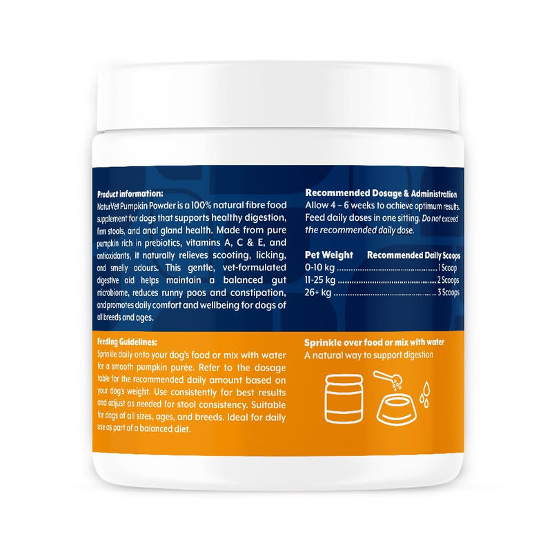 NaturVet Pure Pumpkin Powder for Dogs – 225g 100% Natural, Rich in Prebiotics High-Fibre Digestive Support for Firm Stools & Gut Health – Additive-Free - 90 Servings 225g Powder