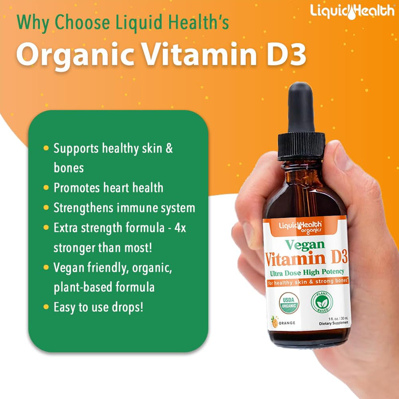 LIQUIDHEALTH Vitamin D3 4000 IU, USDA Organic Vitamin D Liquid Drops for Adults & Kids, Vegan Vitamin D for Immune System Support, Bone Health, Mood Support, Healthy Skin - Made in USA (3 Pack) 1 Fl Oz (Pack of 3)