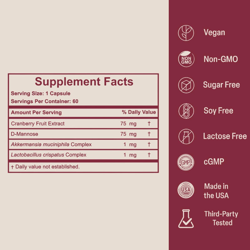 Vaginal Probiotics for Women with Akkermansia, L. Crispatus, Cranberry Pills, & D-Mannose - Supports Vaginal pH Balance for Women, UTI Support & BV Prevention - 60 Day Supply | USA Made