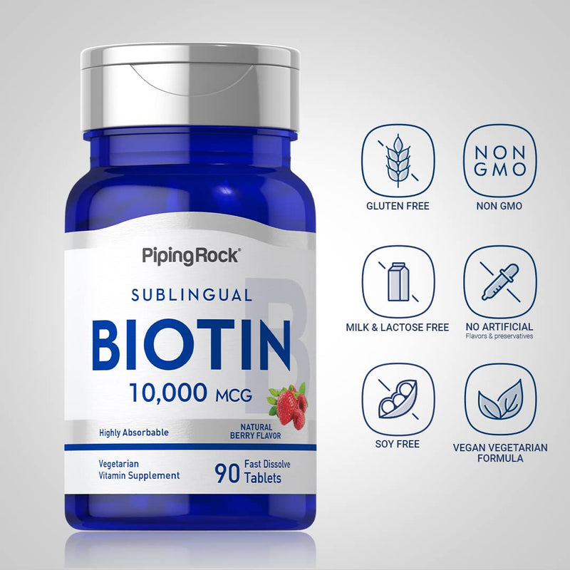 Piping Rock Biotin 10000mcg Fast Dissolve Tablets | 90 Count | Berry Flavor Sublingual Pills | Max Strength and High Absorption | Vegetarian, Non-GMO, Gluten Free Supplement 90 Count (Pack of 1)