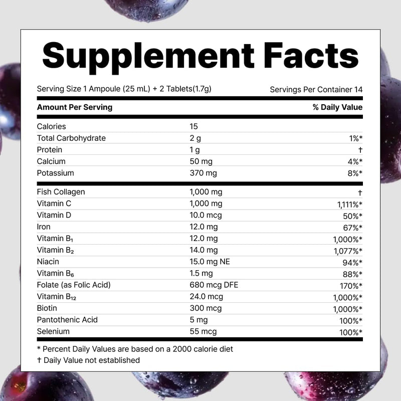 VITALBEAUTIE Super Essential (7-Day) – Women’s All‑in‑One Beauty + Multivitamin Ampoules & Tablets – 1,000mg Fish Collagen + 1,000mg Vitamin C, Biotin, Iron, Vitamin D – Grape Flavor - 7 Servings