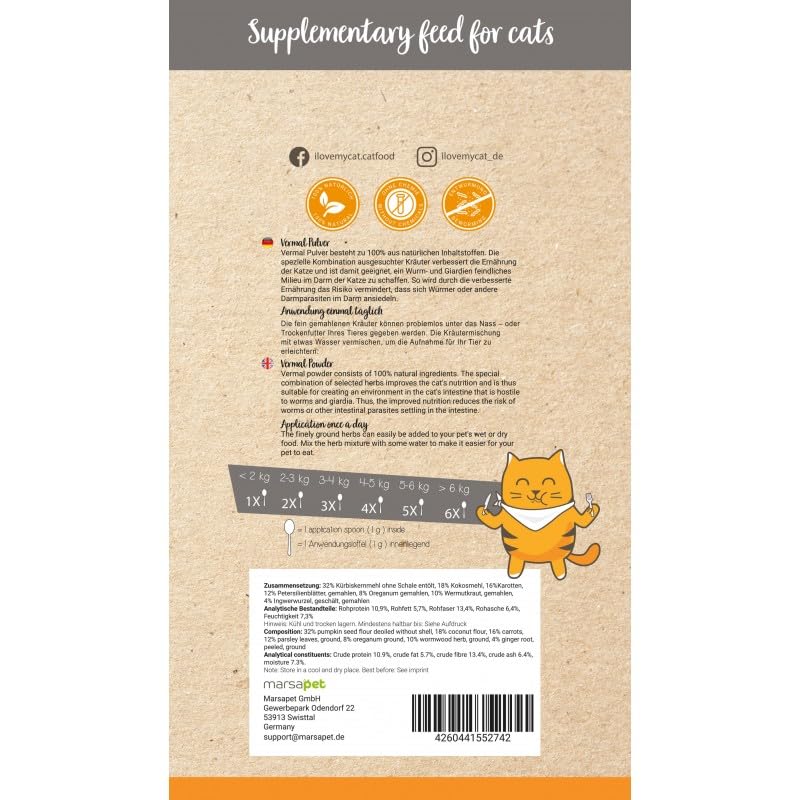 I love my cat Vermal powder for cats: high-quality nutritional supplement against giardia, intestinal parasites and digestive disorders, natural and effective, 80 g. - BeesActive Australia