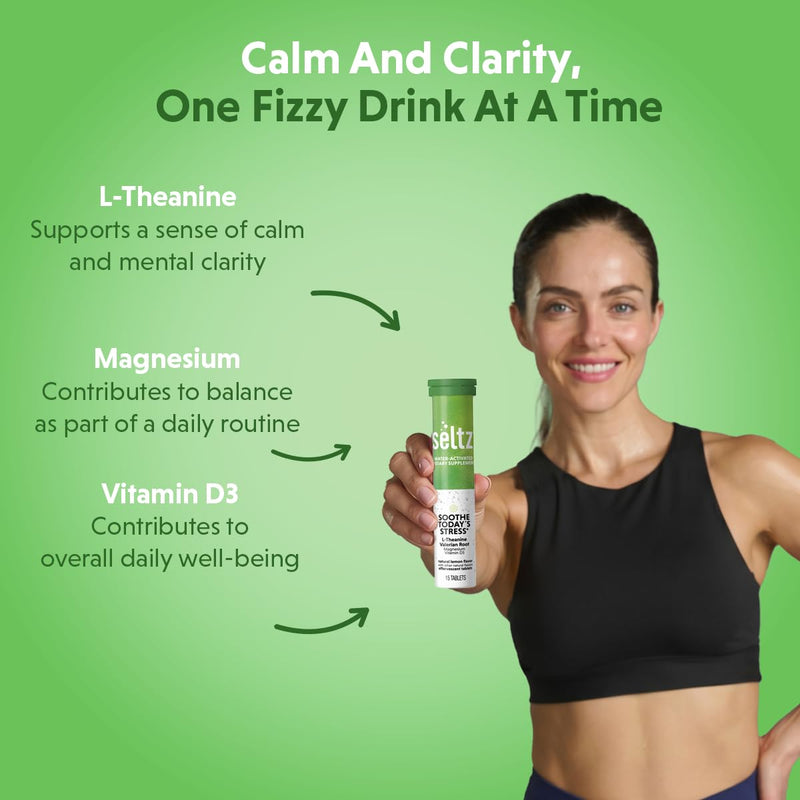 Seltz Stress Support Drink Tablets, Effervescent L-Theanine with Magnesium | Daily Balance, Daily Calm, Focus Support, No Sugar Added, Drop Fizz and Drink, Supports Hydration, 15 Tablets, 1 Pack 15 Tablets (pack of 1)