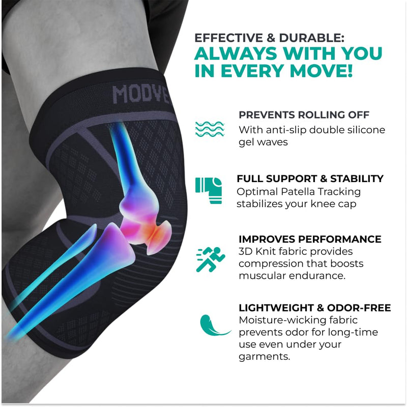 Modvel 2 Pack Knee Brace for Women & Men - Workout Knees Compression Sleeve for Knee Pain Relief Joint Support for ACL, Arthritis, Meniscus Tear Knees Brace for Sports, Rodilleras para Gym Fitness Small Black