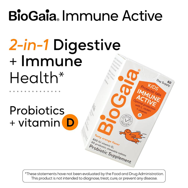 BioGaia Immune Active Kids Probiotic + Vitamin D | Immune & Digestive | Pediatrician-Recommended | Supports Immune Health | Promotes Digestive Health & Regularity | with Vitamin D | 60 Day Supply 60 Count (Pack of 1)