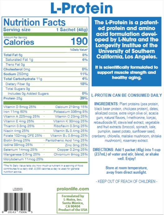 Prolon Longevity Plant Based Protein Powder | Muscle Synthesis & Repair, Healthy Aging, Boost Performance | Vitamins, Gluten Free, Amino Acids, Antioxidants | 25g of Protein | Chocolate, 12 Packets 1.28 Pound (Pack of 1)