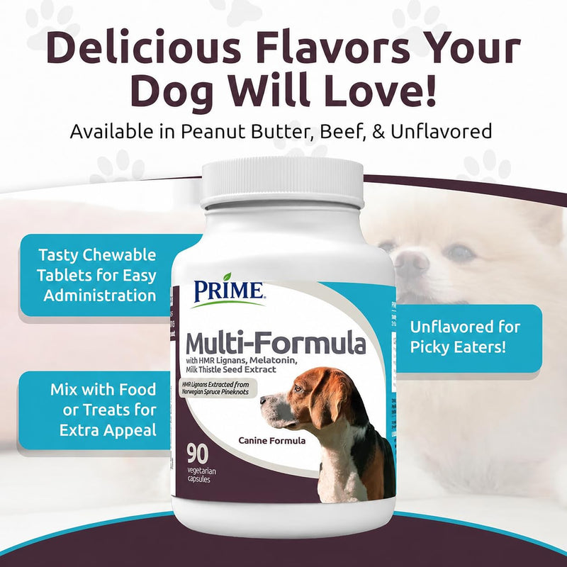 Prime HMR Lignans for Dogs - Multi-Formula Dog Vitamins for Medium Dogs - 20mg HMR Lignans, 2mg Melatonin, Milk Thistle - Helps Heart, Liver, Digestion Health, 90 Capsules
