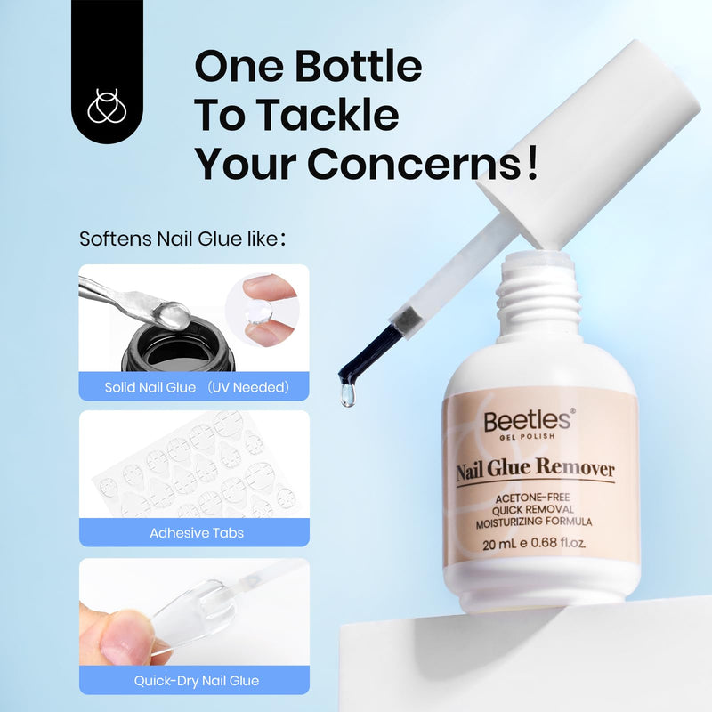 Beetles 2 Pcs Nail Glue Remover 20 ml for Press on Nails, False Nails Glue Remover for Fake Nail Tips Acrylics Nails Adhesive Remover Includes Cuticle Pusher, Not for Uv Gel Glue or Gel Polish 9-2 Pcs Nail Glue Remover 20 ml