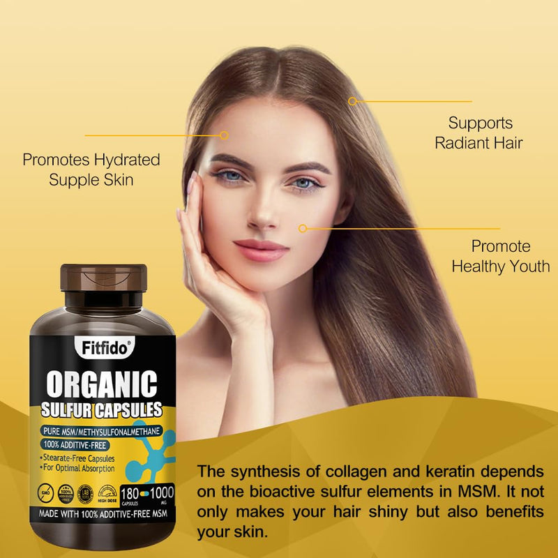 MSM Capsules 1000mg - Organic Sulfur Supplement for Joint Health, Functional Wellness, Hair, Skin & Nails, Non-GMO, Gluten Free, 180 Capsules - BeesActive Australia