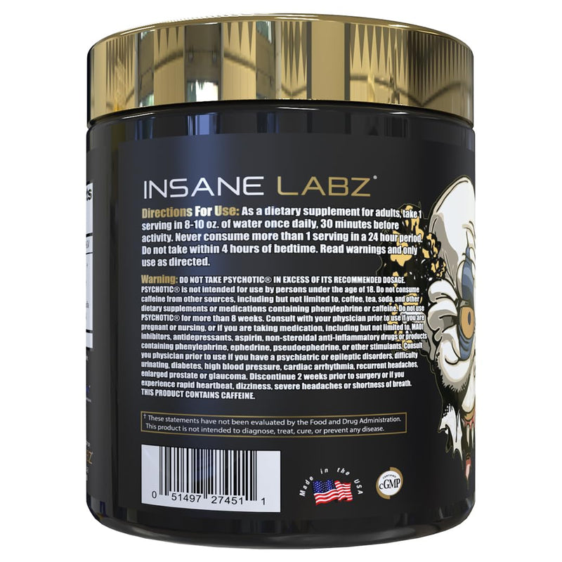 Insane Labz Psychotic Gold, High Stimulant Pre Workout Powder, Extreme Lasting Energy Focus, Pumps and Endurance with Beta Alanine, DMAE Bitartrate, NO Booster (35 Servings, Watermelon) 7.1 Ounce (Pack of 1)