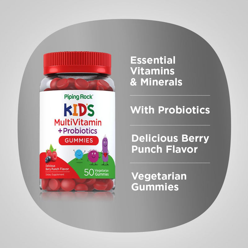 Piping Rock Kid's Multivitamin and Probiotic | 50 Gummies | Berry Punch Flavor | Vegetarian, Non-GMO, Gluten Free Children's Supplement