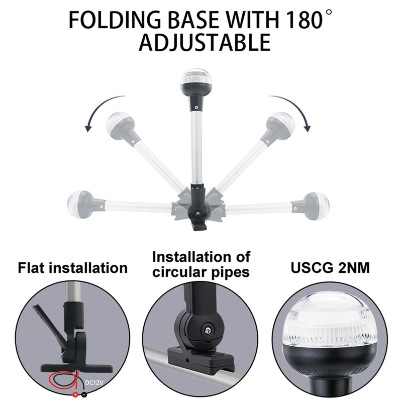 12-Inch Folding LED Navigation Anchor Light | Lightweight Anodized Aluminum Pole | Pontoon Boat Bimini & Stern Light | USCG 2NM | Horizontal Mount Base | 12V DC White Horizontal Mount，Folding base - BeesActive Australia