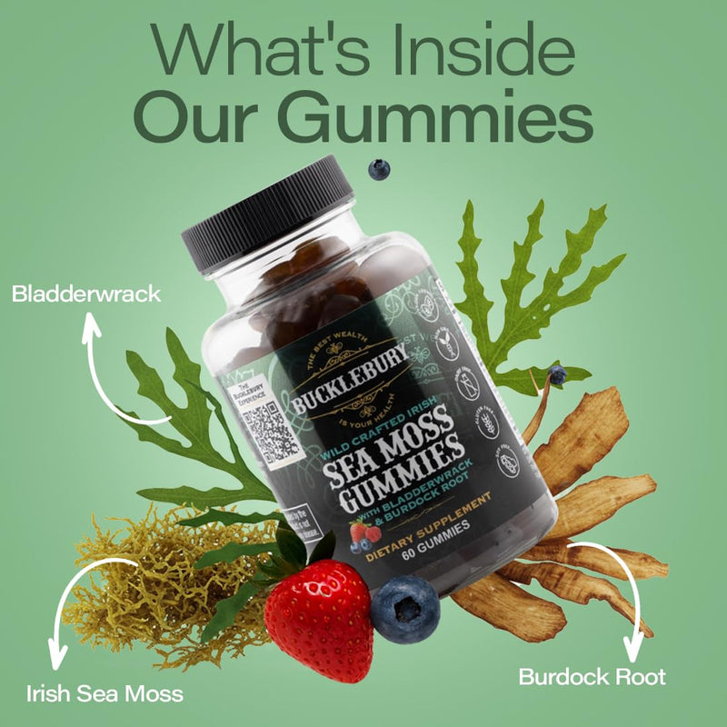 BUCKLEBURY Wild Crafted Irish Sea Moss Gummies with Bladderwrack & Burdock Root - Natural Chewable Multivitamin Vegan Sea Moss Gummies for Immune, Thyroid & Digestive Support - 60 Count