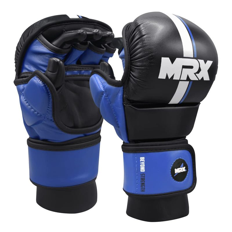 MMA Sparring Pro Gloves, with Open Ventilated Palm, Martial Arts Mitts Suitable for Men Women, Kara Cage Fighting, Combat Sports Training, Muay Thai, Punching Bag and Kickboxing Black/Blue S/M