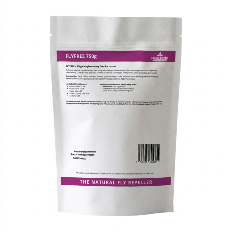 Global Herbs FlyFree for Horses Summer Skin & Fly Season Support Herbal Supplement 750g Refill Pouch White