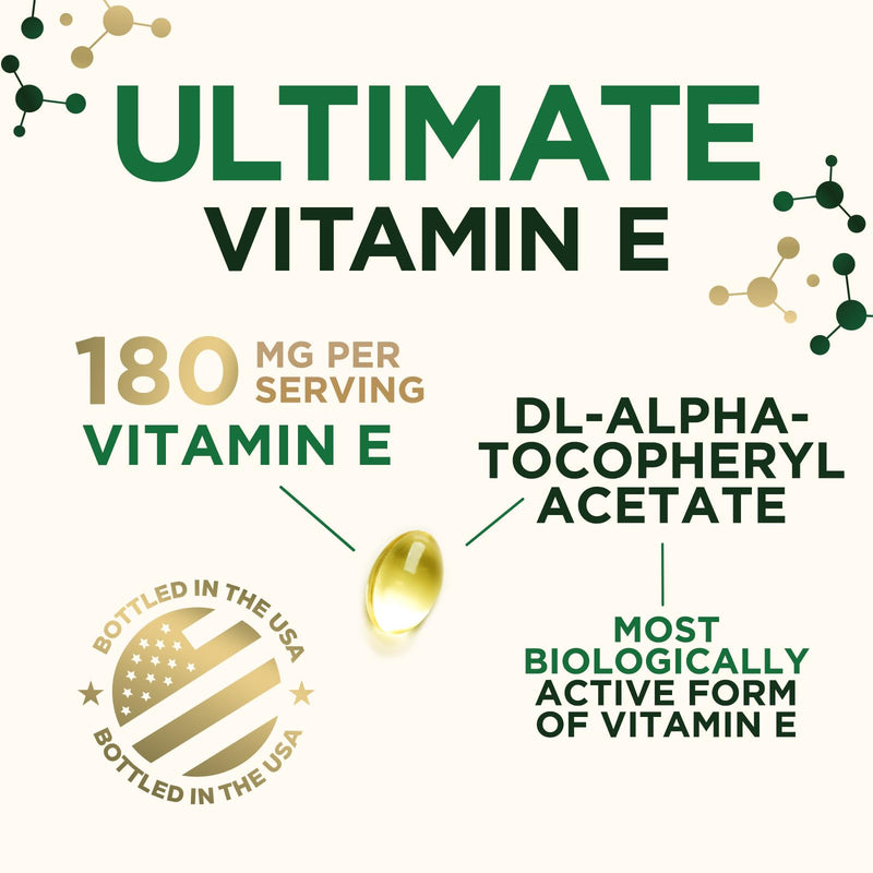 Vitamin E 180mg Per Serving - E Vitamins DL-Alpha, Antioxidant-Rich Dietary Supplement for Skin, Heart, and Immune Support, USA Bottled, Easily Absorbed, Non-GMO & Gluten Free - 120 Softgels 120 Count (Pack of 1)