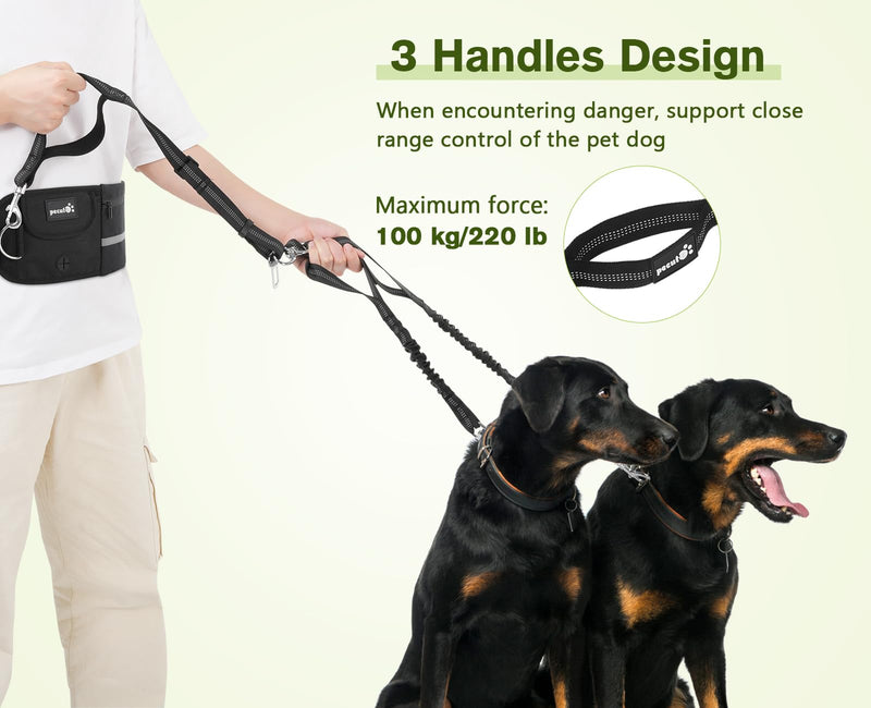 Pecute Hands Free Dog Leash 2 Dogs, Waist Belt Fanny Pack with Soft Padded, Dual Dog Leash with Pouch, 3 Padded Handles, Durable Bungee, Black Waist Dog Leash for Running Walking Hiking Jogging Biking Black-new - BeesActive Australia