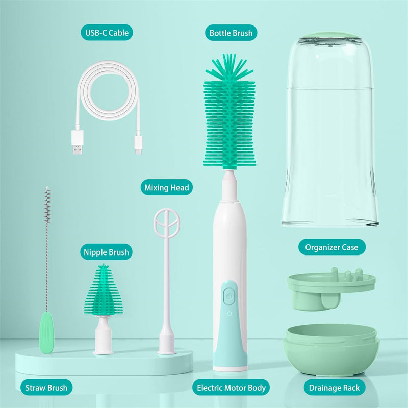 Electric Bottle Brush Cleaner, Electric Baby Bottle Cleaner with Replaceable Silicone Bottle Brushes,Nipple and Straw Brush, Travel Bottle Brush Set with Drainage Rack and Storage Box Green - BeesActive Australia