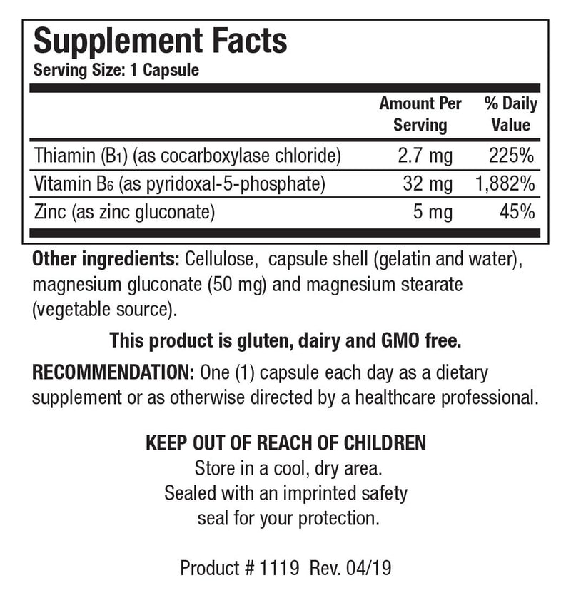 Biotics Research B6 B1 Plus Zinc Supplies Active Forms of B Vitamins, 5mg of Highly bioavailable Form of zinc, Aids in Activity of Over 300 Different zinc Dependent enzymes 90 Capsules